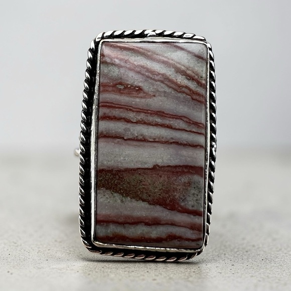 Hand Crafted Jewelry - New Banded Dolomite Jasper Stone Ring Sterling Silver Overlay 925 Size 8.25–8.5